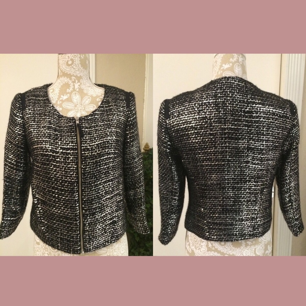 NEW Milly OF NEW YORK [SZ 4 ] Metallic Woven Tweed Zip Jacket Silver‎ Black